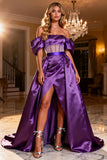 Purple Off the Shoulder A Line Corset Satin Prom Dress