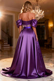 Purple Off the Shoulder A Line Corset Satin Prom Dress