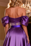 Purple Off the Shoulder A Line Corset Satin Prom Dress