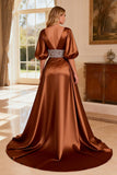 Sparkly Half Sleeve A Line Satin Bronze Prom Dress