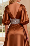 Sparkly Half Sleeve A Line Satin Bronze Prom Dress