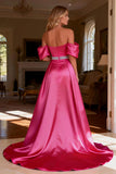 Off the Shoulder A Line Hot Pink Satin Prom Dress