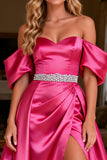Off the Shoulder A Line Hot Pink Satin Prom Dress