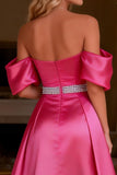 Off the Shoulder A Line Hot Pink Satin Prom Dress