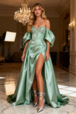 Off the Shoulder A Line Sage Green Long Prom Dress