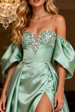 Off the Shoulder A Line Sage Green Long Prom Dress