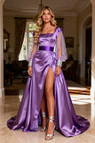 Purple Long Sleeve A Line Satin Prom Dress