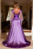 Purple Long Sleeve A Line Satin Prom Dress