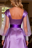 Purple Long Sleeve A Line Satin Prom Dress