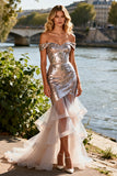 Sparkly Off the Shoulder Champagne Tiered Prom Dress