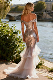 Sparkly Off the Shoulder Champagne Tiered Prom Dress