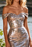 Sparkly Off the Shoulder Champagne Tiered Prom Dress