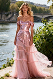 Sparkly Off the Shoulder Pink Ruffled Prom Dress