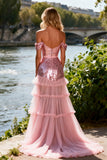 Sparkly Off the Shoulder Pink Ruffled Prom Dress