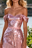 Sparkly Off the Shoulder Pink Ruffled Prom Dress
