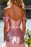 Sparkly Off the Shoulder Pink Ruffled Prom Dress
