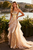 Sparkly One Shoulder Gold Ruffled Prom Dress