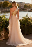 Sparkly One Shoulder Gold Ruffled Prom Dress