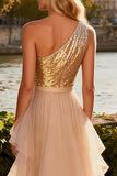 Sparkly One Shoulder Gold Ruffled Prom Dress