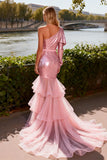 Pink One Shoulder Sequin Tiered Ruffled Prom Dress