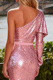 Pink One Shoulder Sequin Tiered Ruffled Prom Dress