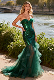Sparkly Dark Green Strapless Mermaid Ruffled Prom Dress