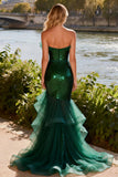 Sparkly Dark Green Strapless Mermaid Ruffled Prom Dress