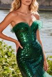 Sparkly Dark Green Strapless Mermaid Ruffled Prom Dress