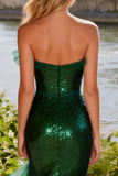 Sparkly Dark Green Strapless Mermaid Ruffled Prom Dress