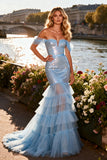 Sky Blue Off the Shoulder Ruffled Sequin Prom Dress