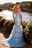 Sky Blue Off the Shoulder Ruffled Sequin Prom Dress