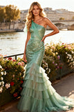 Sparkly Sage Green One Shoulder Mermaid Prom Dress