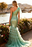 Sparkly Sage Green One Shoulder Mermaid Prom Dress