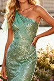 Sparkly Sage Green One Shoulder Mermaid Prom Dress