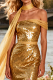Gold One Shoulder Mermaid Sequin Prom Dress