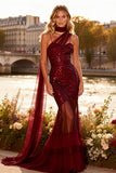 Sparkly Burgundy Mermaid Ruffled Prom Dress