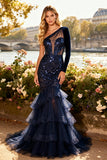 Sparkly Long Sleeve Mermaid Navy Prom Dress
