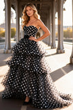 Black and White Polka Dot Strapless Tiered Long Prom Dress