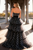 Black and White Polka Dot Strapless Tiered Long Prom Dress