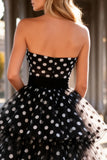 Black and White Polka Dot Strapless Tiered Long Prom Dress
