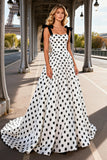 Black and White Polka Dot Spaghetti Straps A Line Prom Dress