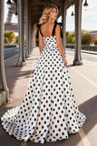 Black and White Polka Dot Spaghetti Straps A Line Prom Dress