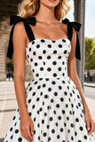 Black and White Polka Dot Spaghetti Straps A Line Prom Dress