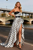 Black and White Polka Dot Strapless Ruffled Prom Dress