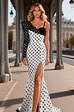 Black and White Polka Dot Mermaid Asymmetrical Neck Prom Dress