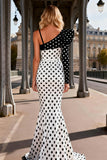 Black and White Polka Dot Mermaid Asymmetrical Neck Prom Dress