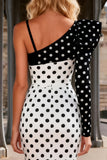 Black and White Polka Dot Mermaid Asymmetrical Neck Prom Dress