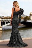 Mermaid Asymmetrical Neck Black and White Polka Dot Prom Dress