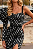 Mermaid Asymmetrical Neck Black and White Polka Dot Prom Dress
