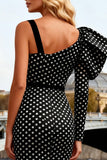 Mermaid Asymmetrical Neck Black and White Polka Dot Prom Dress